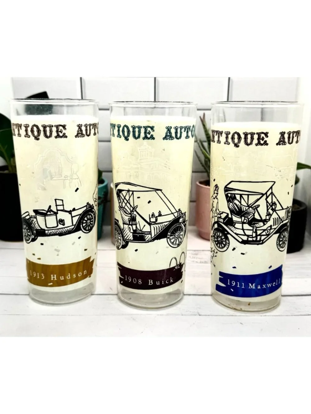 Set Of 3 Vintage Maxwell Designs Antique Auto Highball Glasses
